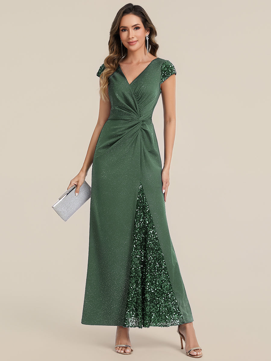 Knotted Knit Cap Sleeve Maxi Glitter Evening Dress #color_Eucalyptus