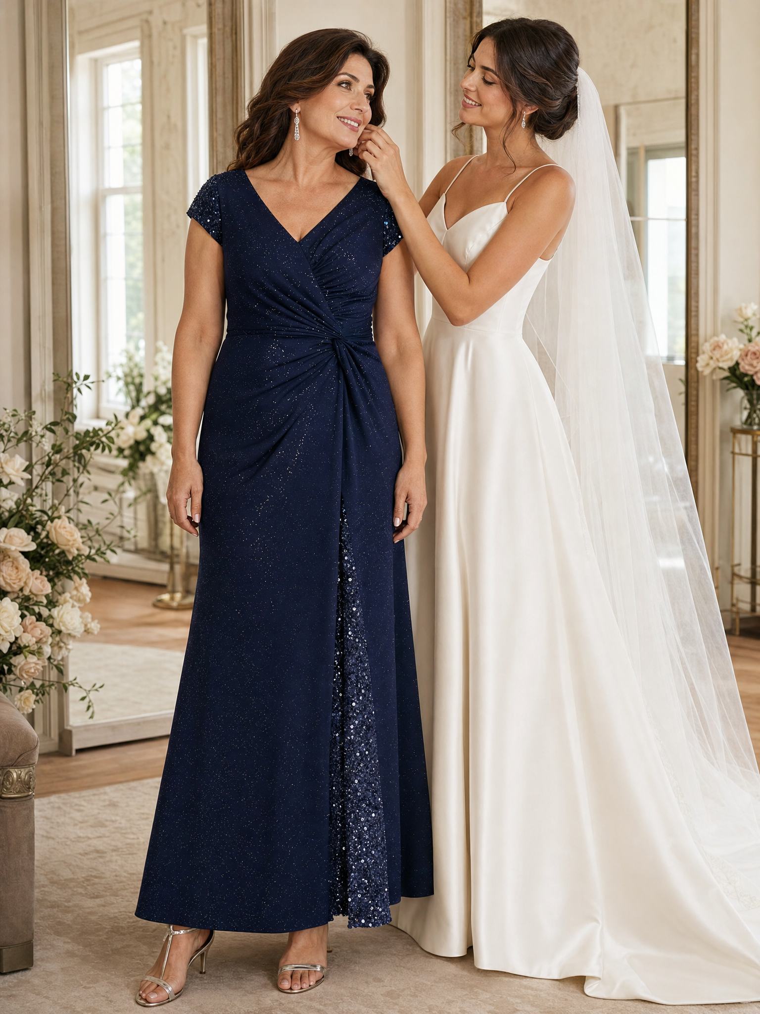 Plus Size Knotted Knit Cap Sleeve Maxi Glitter Evening Dress #color_Navy Blue
