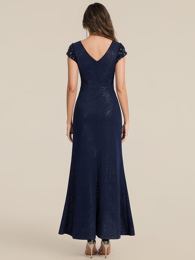Knotted Knit Cap Sleeve Maxi Glitter Evening Dress #color_Navy Blue
