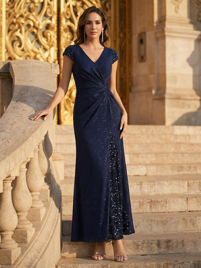 V-Neck Sequin Cap Sleeve Ruched Waist Formal Dress
