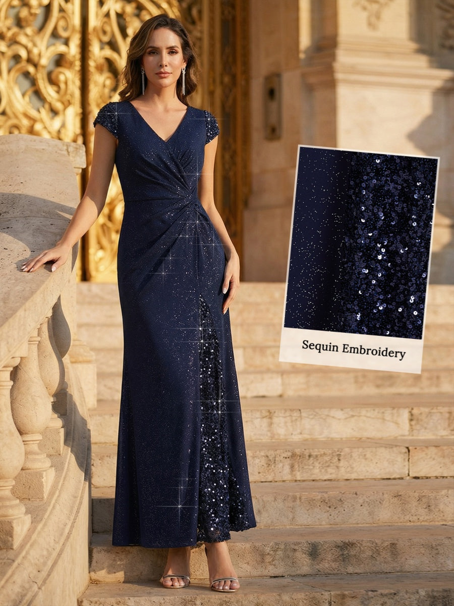 Knotted Knit Cap Sleeve Maxi Glitter Evening Dress #color_Navy Blue