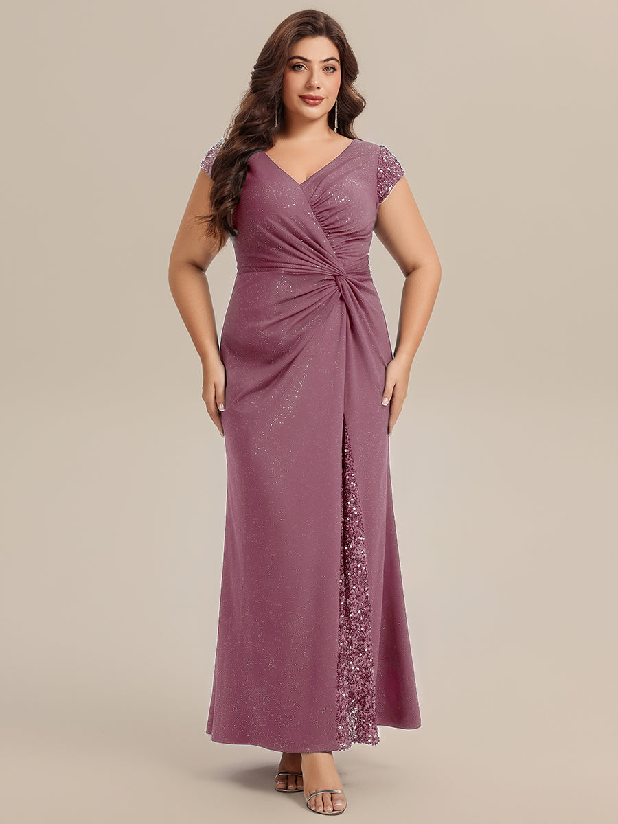 Plus Size Knotted Knit Cap Sleeve Maxi Glitter Evening Dress #color_Purple Orchid
