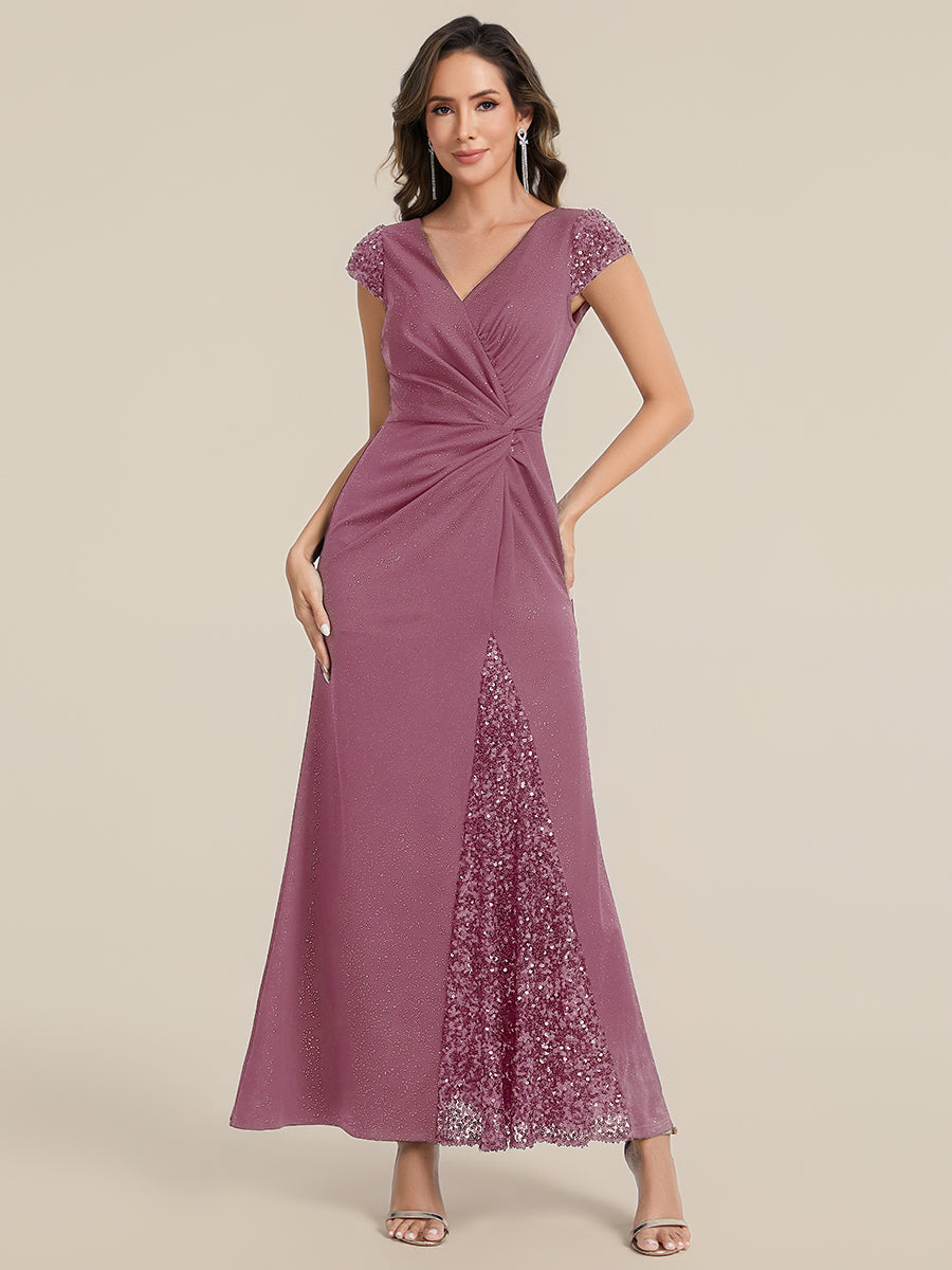 Knotted Knit Cap Sleeve Maxi Glitter Evening Dress #color_Purple Orchid