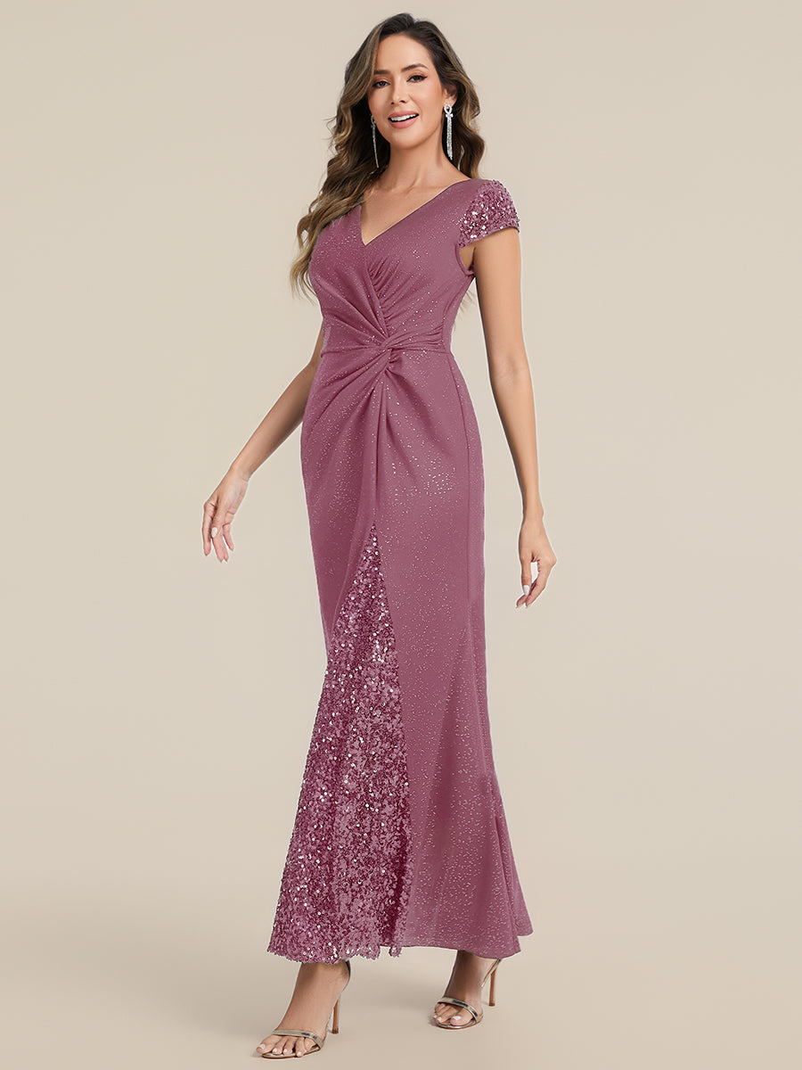 Knotted Knit Cap Sleeve Maxi Glitter Evening Dress #color_Purple Orchid