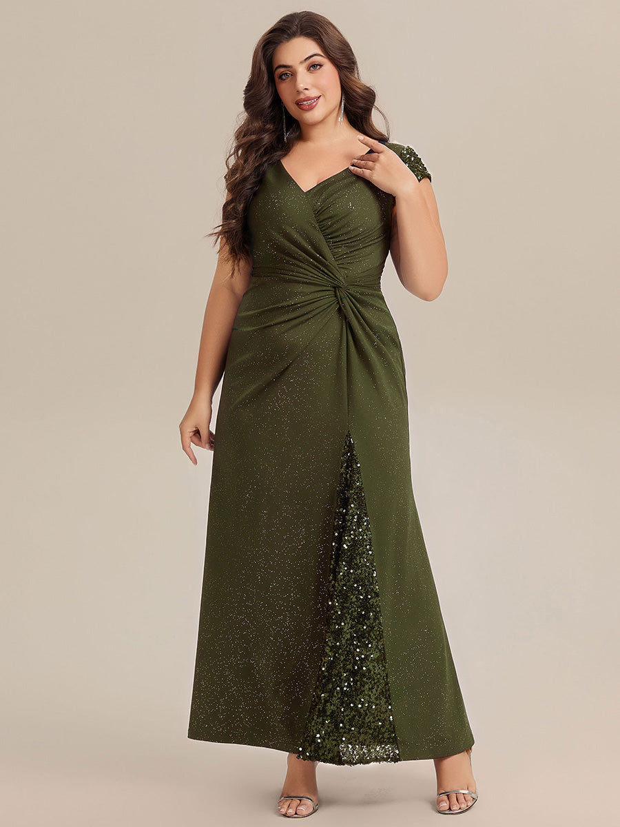 Knotted Knit Cap Sleeve Maxi Glitter Evening Dress #color_Olive Green