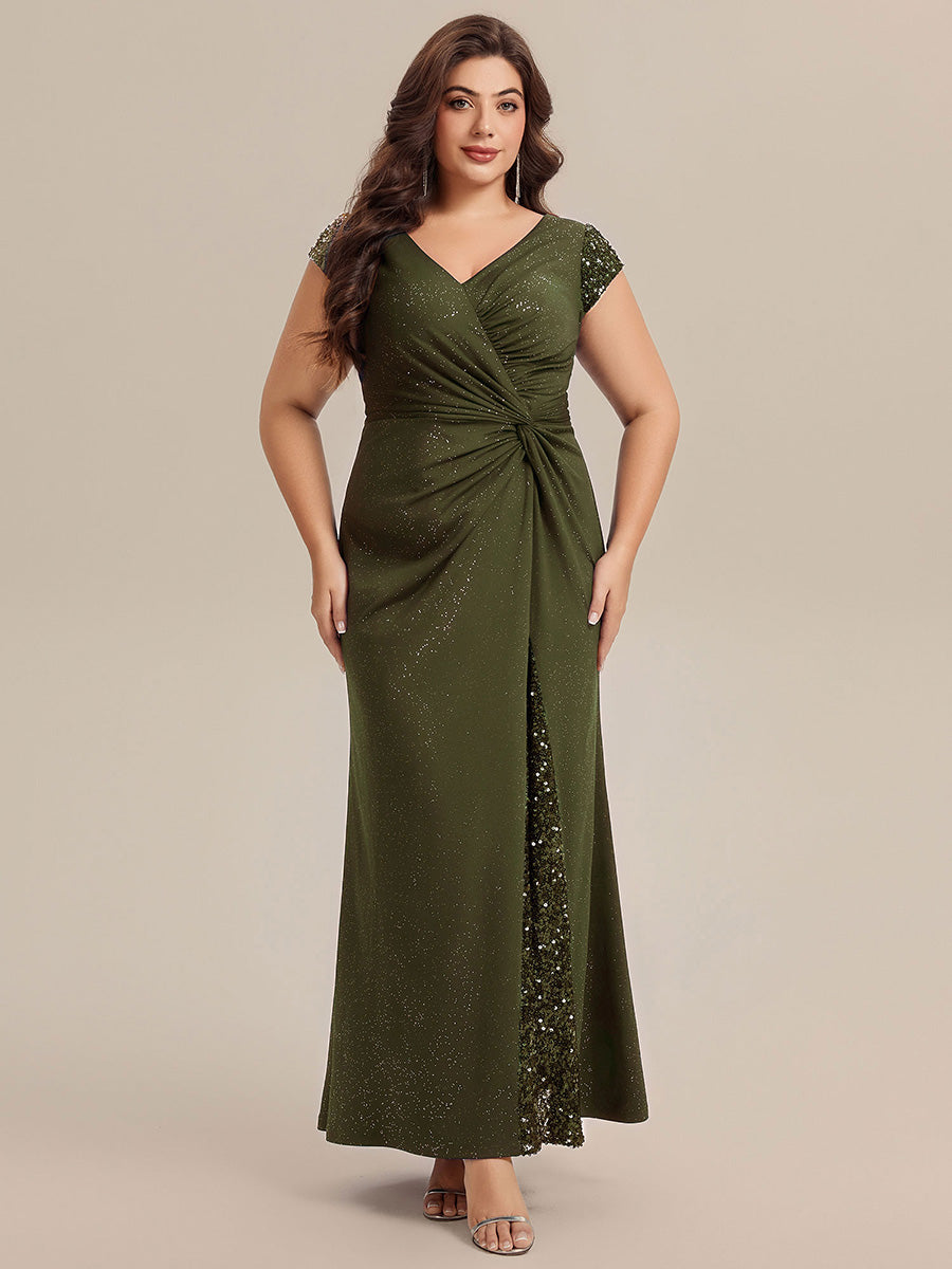 Knotted Knit Cap Sleeve Maxi Glitter Evening Dress #color_Olive Green
