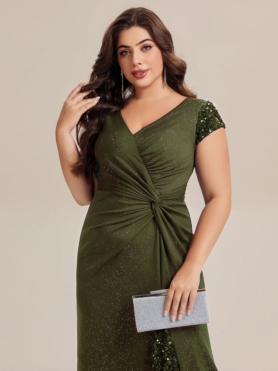 Knotted Knit Cap Sleeve Maxi Glitter Evening Dress #color_Olive Green
