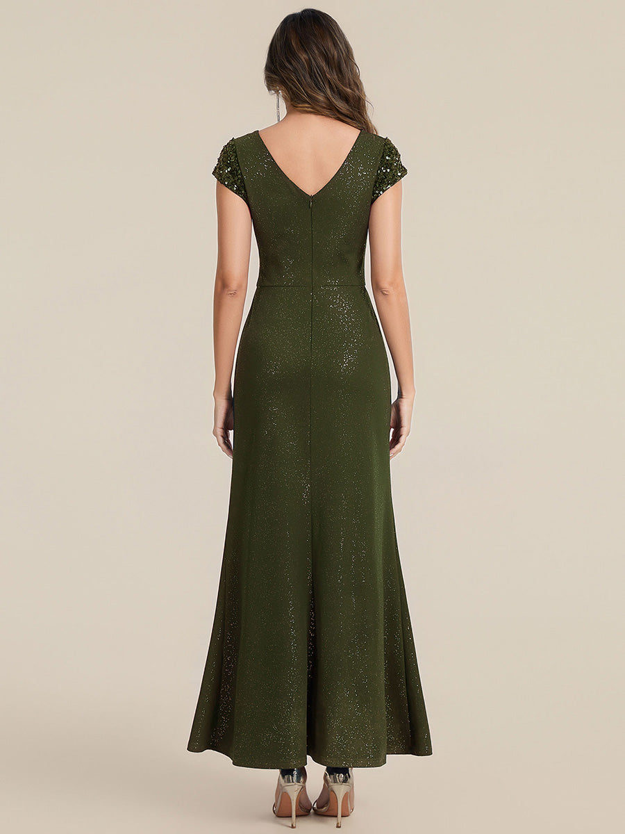 Knotted Knit Cap Sleeve Maxi Glitter Evening Dress #color_Olive Green