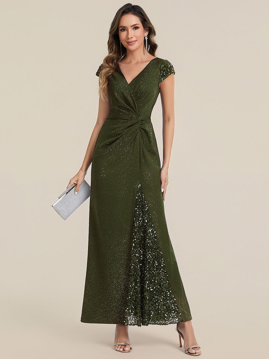 Knotted Knit Cap Sleeve Maxi Glitter Evening Dress #color_Olive Green