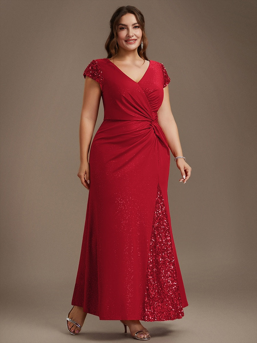 Plus Size Knotted Knit Cap Sleeve Maxi Glitter Evening Dress #color_Red