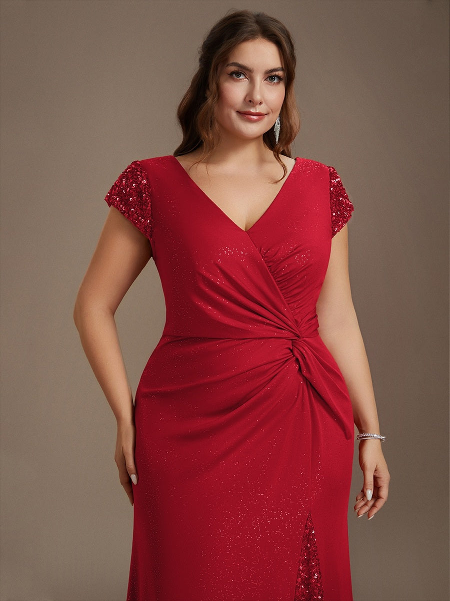 Knotted Knit Cap Sleeve Maxi Glitter Evening Dress #color_Red