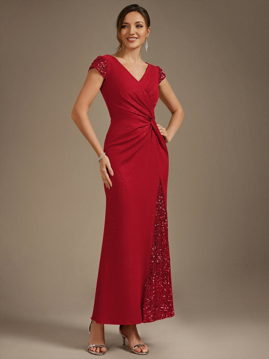 Knotted Knit Cap Sleeve Maxi Glitter Evening Dress #color_Red