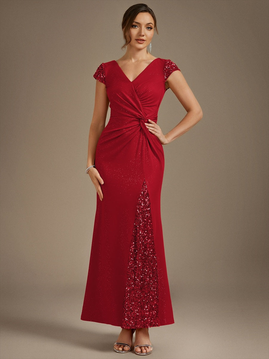 Knotted Knit Cap Sleeve Maxi Glitter Evening Dress #color_Red