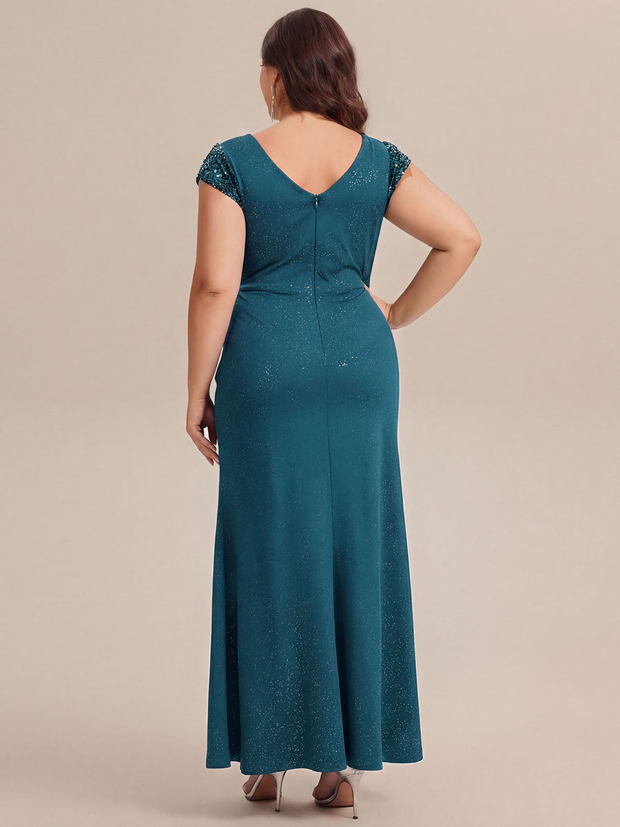 Plus Size Knotted Knit Cap Sleeve Maxi Glitter Evening Dress #color_Teal