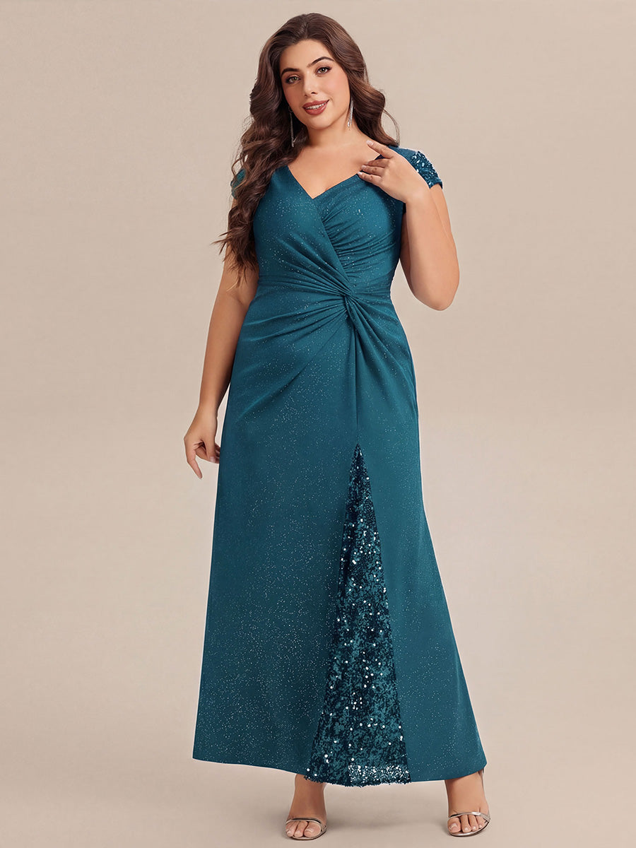 Plus Size Knotted Knit Cap Sleeve Maxi Glitter Evening Dress #color_Teal