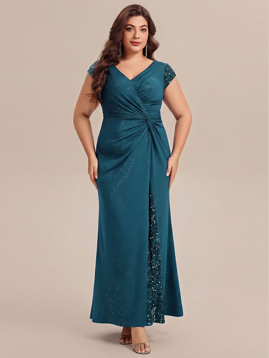 Plus Size Knotted Knit Cap Sleeve Maxi Glitter Evening Dress #color_Teal
