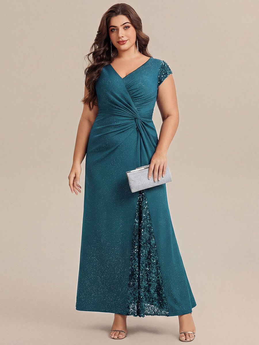 Knotted Knit Cap Sleeve Maxi Glitter Evening Dress #color_Teal