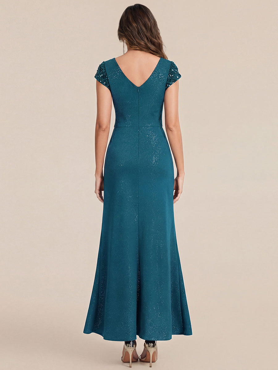 Knotted Knit Cap Sleeve Maxi Glitter Evening Dress #color_Teal
