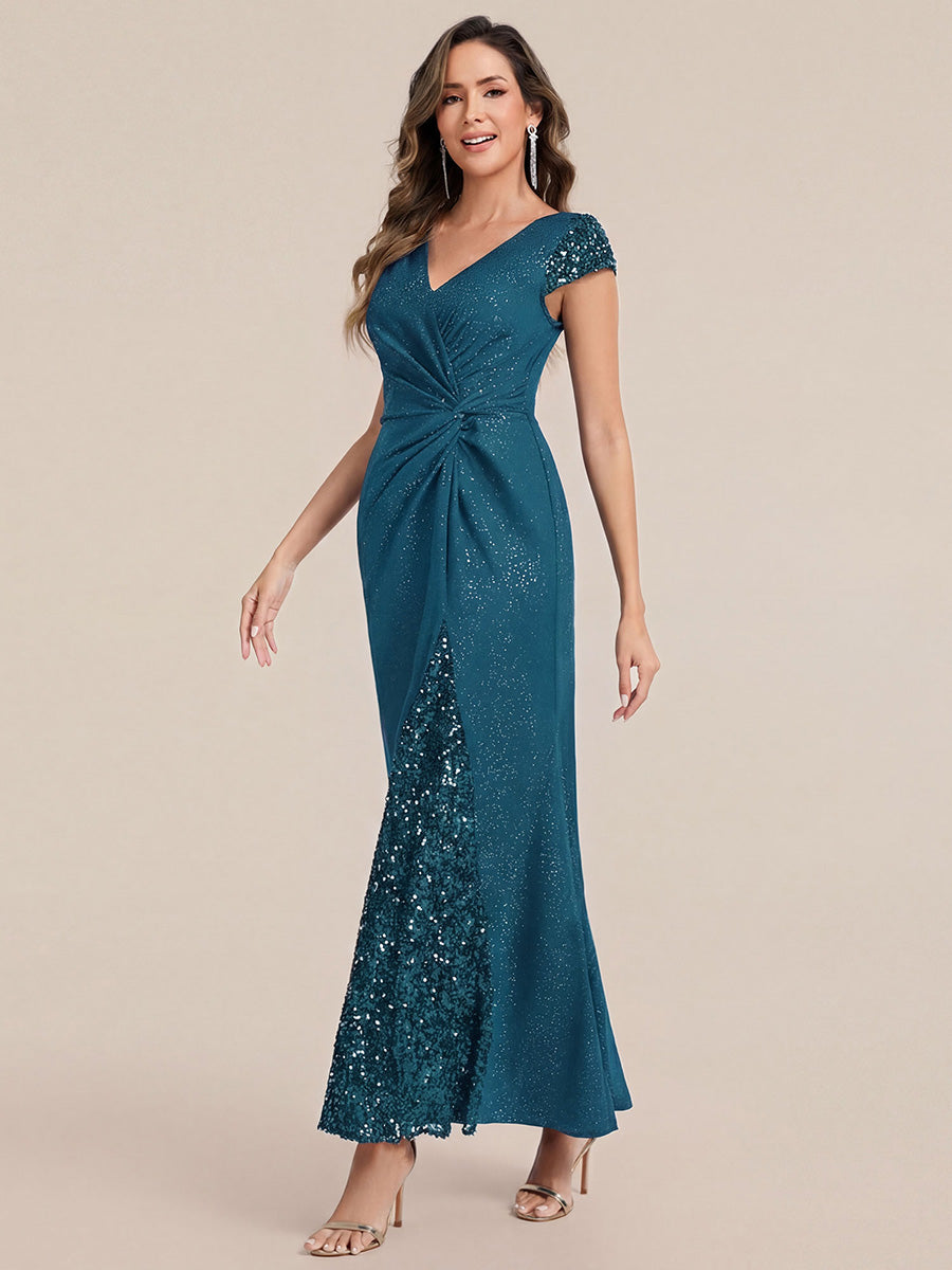 Knotted Knit Cap Sleeve Maxi Glitter Evening Dress #color_Teal