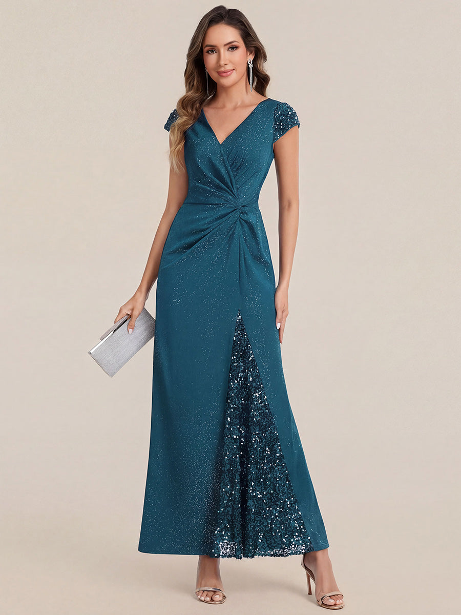Knotted Knit Cap Sleeve Maxi Glitter Evening Dress #color_Teal