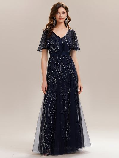 V-Neck Sequin Ruffle Sleeve Maxi Evening Dress #color_Navy Blue