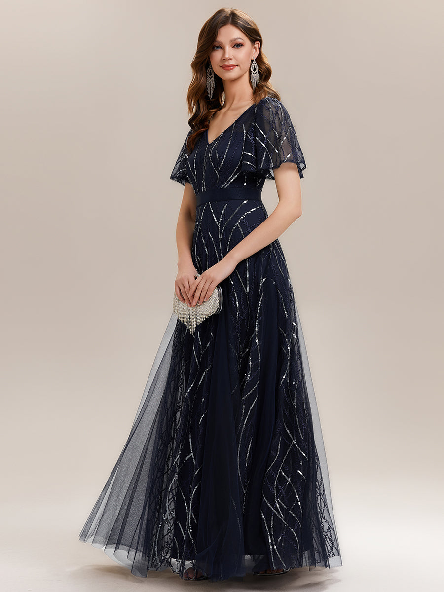 V-Neck Sequin Ruffle Sleeve Maxi Evening Dress #color_Navy Blue