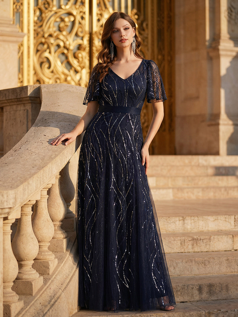 V-Neck Sequin Ruffle Sleeve Maxi Evening Dress #color_Navy Blue