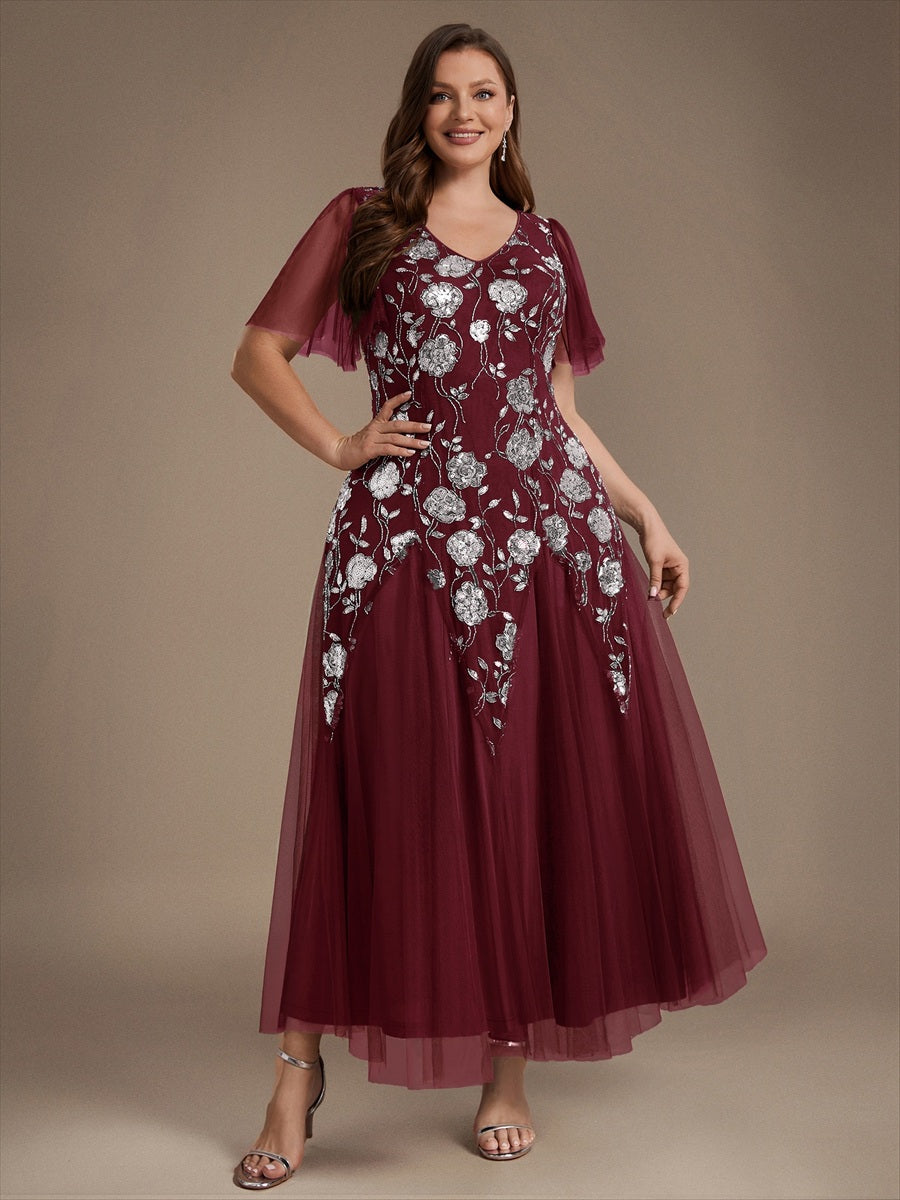 Floral Embroidered Sequin Ruffle Sleeve Tulle Evening Dress #color_Burgundy