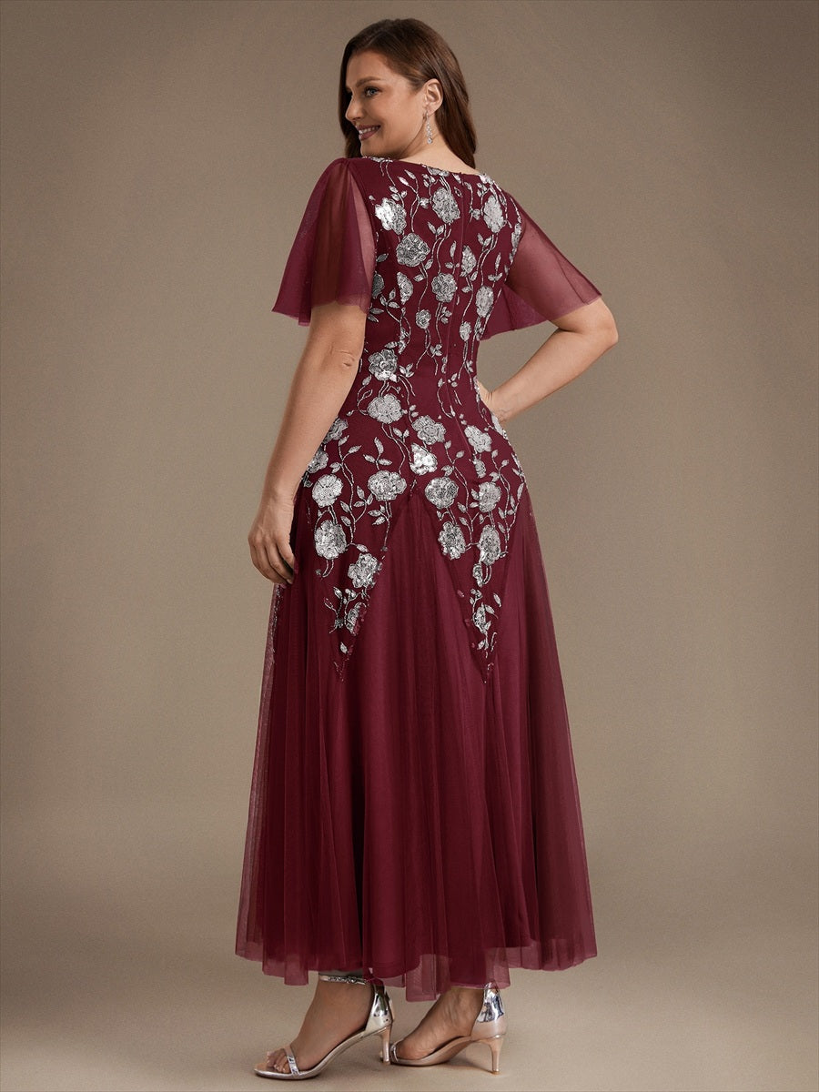 Floral Embroidered Sequin Ruffle Sleeve Tulle Evening Dress #color_Burgundy