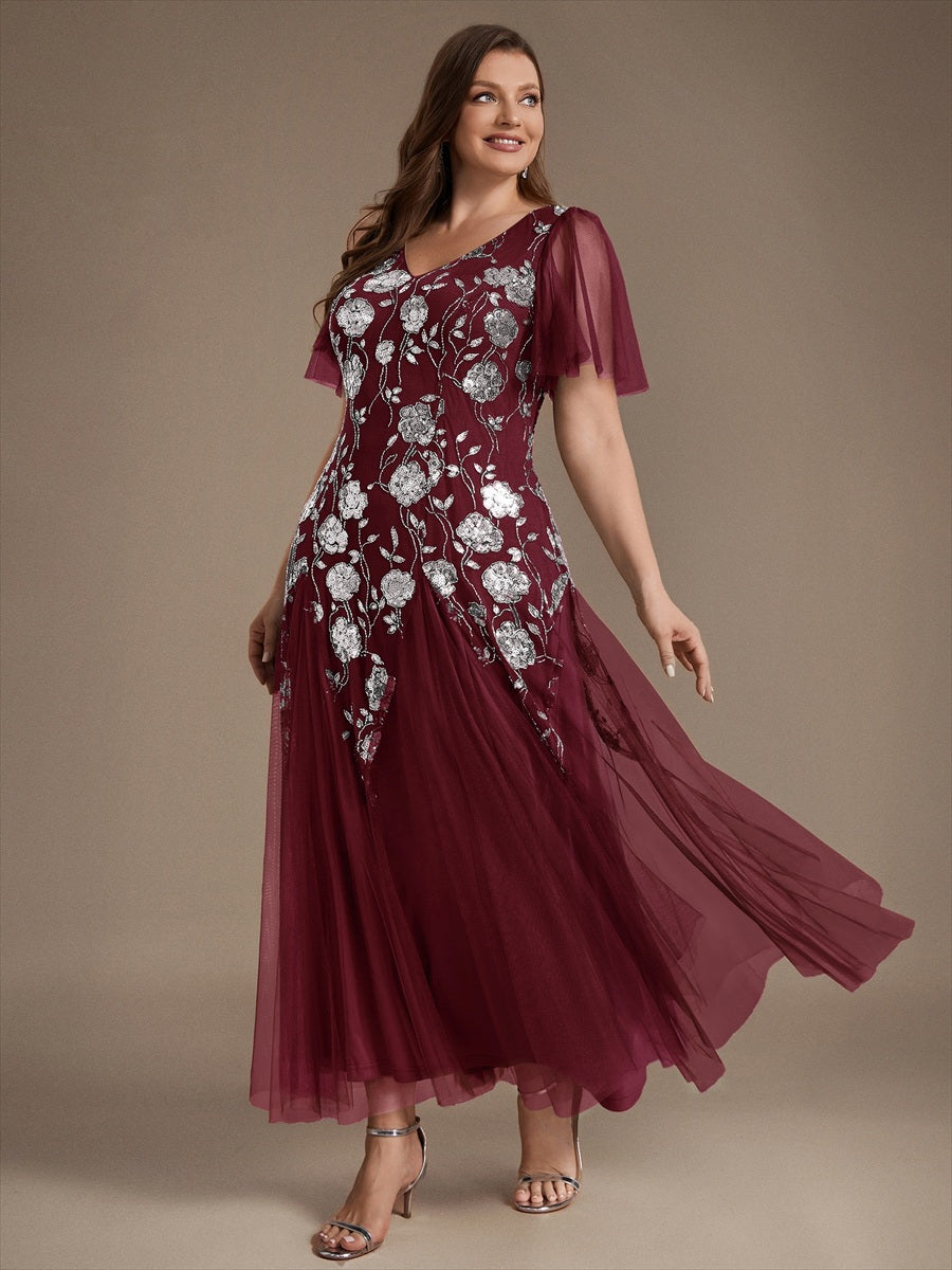 Floral Embroidered Sequin Ruffle Sleeve Tulle Evening Dress #color_Burgundy