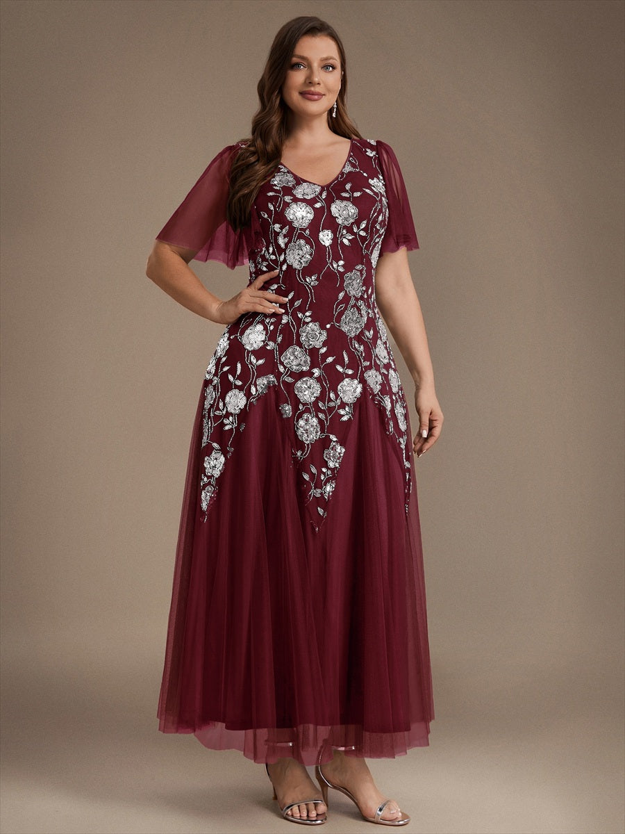 Floral Embroidered Sequin Ruffle Sleeve Tulle Evening Dress #color_Burgundy