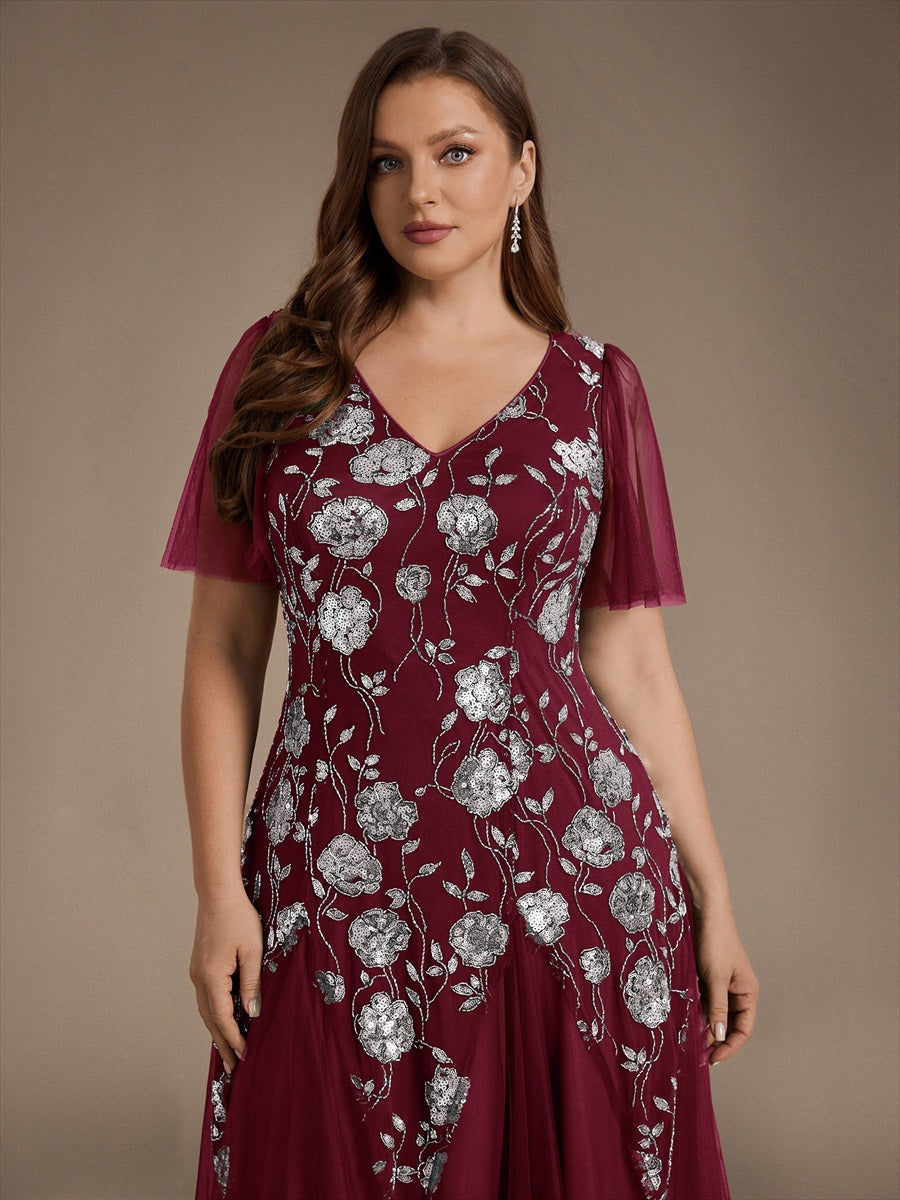 Floral Embroidered Sequin Ruffle Sleeve Tulle Evening Dress #color_Burgundy