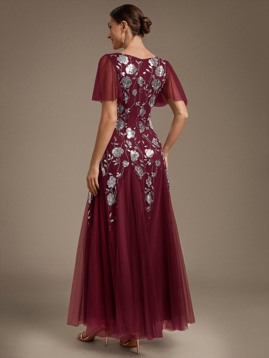 Floral Embroidered Sequin Ruffle Sleeve Tulle Evening Dress #color_Burgundy