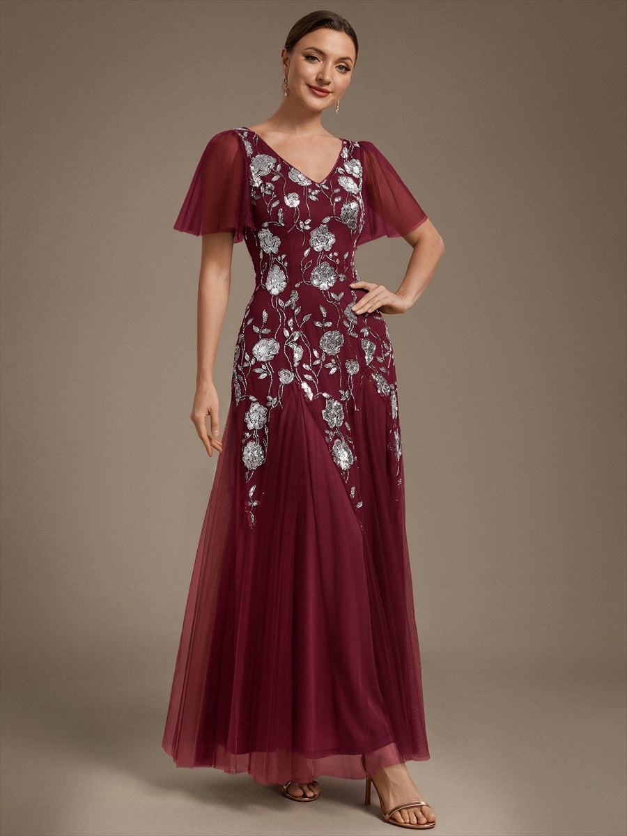 Floral Embroidered Sequin Ruffle Sleeve Tulle Evening Dress #color_Burgundy