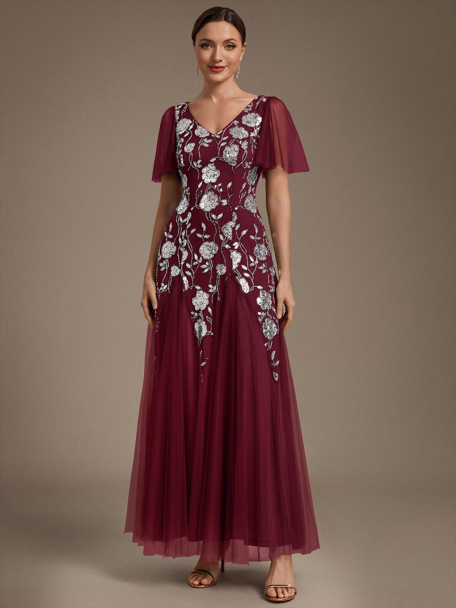 Floral Embroidered Sequin Ruffle Sleeve Tulle Evening Dress #color_Burgundy