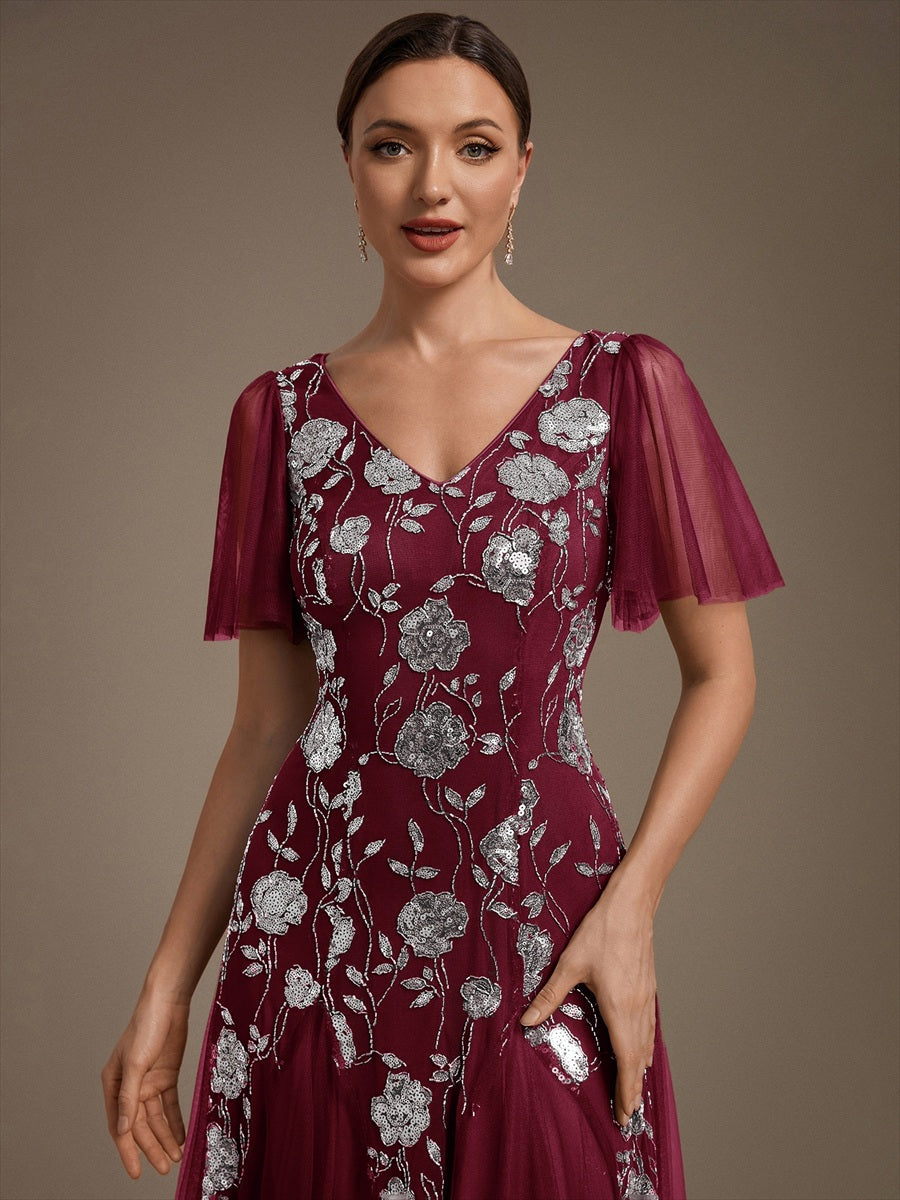 Floral Embroidered Sequin Ruffle Sleeve Tulle Evening Dress #color_Burgundy