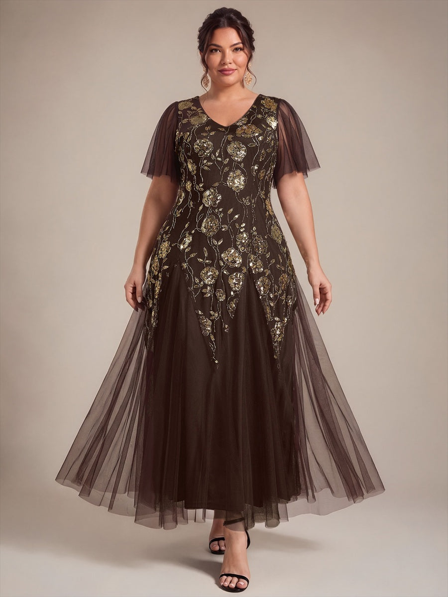 Plus Size Floral Embroidered Sequin Ruffle Sleeve Tulle Evening Dress #color_Chocolate brown