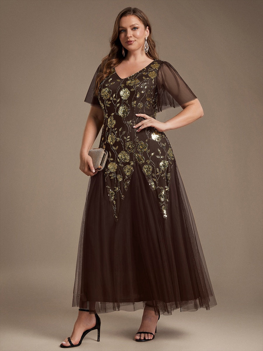 Floral Embroidered Sequin Ruffle Sleeve Tulle Evening Dress #color_Chocolate brown