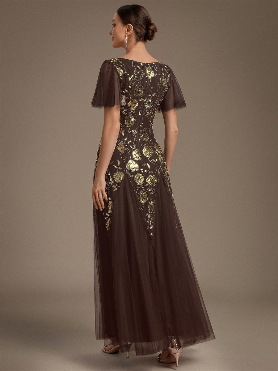 Floral Embroidered Sequin Ruffle Sleeve Tulle Evening Dress #color_Chocolate brown
