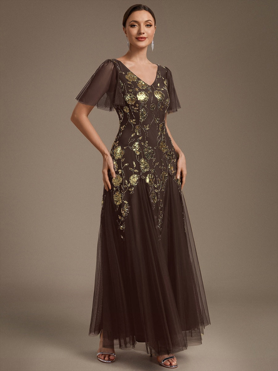 Floral Embroidered Sequin Ruffle Sleeve Tulle Evening Dress #color_Chocolate brown