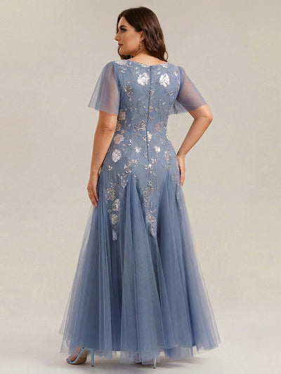 Plus Size Floral Embroidered Sequin Ruffle Sleeve Tulle Evening Dress #color_Dusty Blue