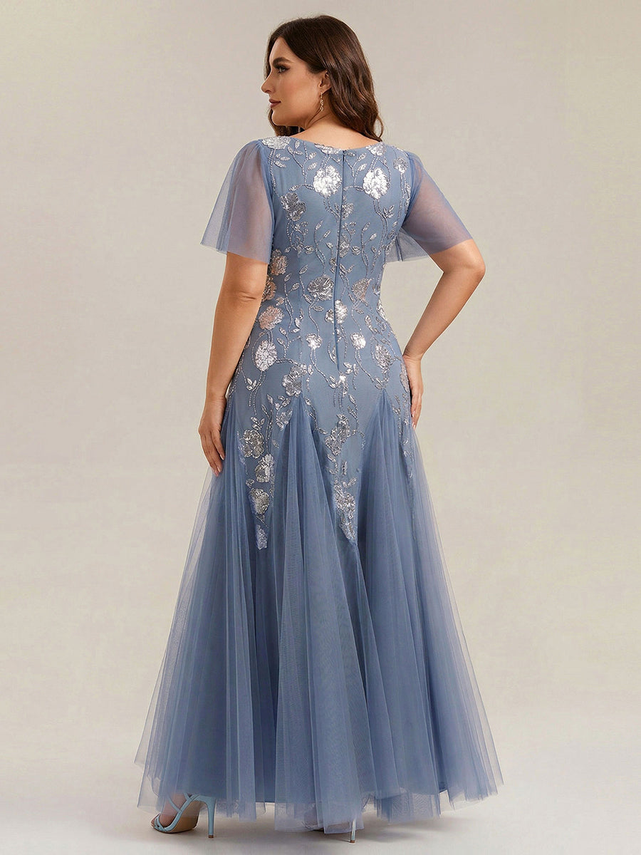 Ever-Pretty Inclusive Embroidered Sequin V-Neck Tulle Formal Dress with Flutter Sleeves