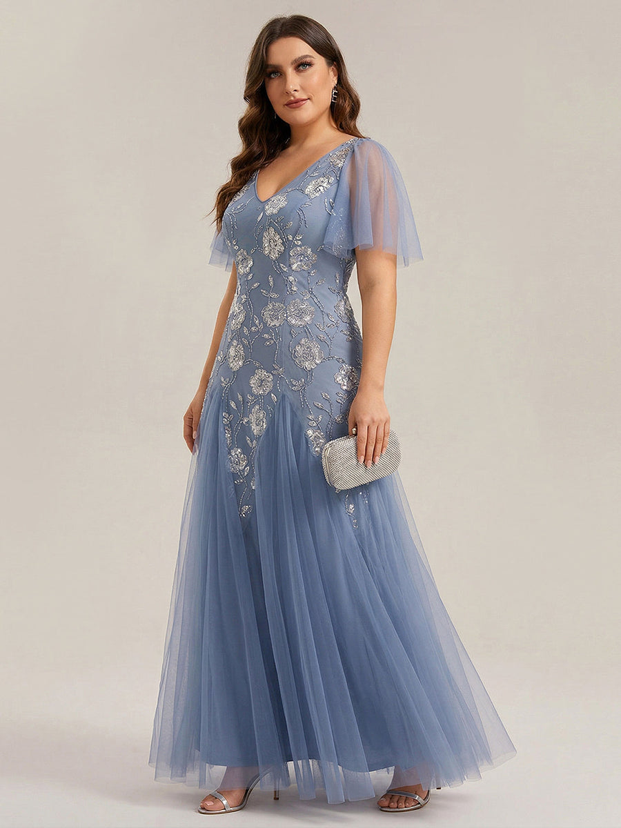 Ever-Pretty Inclusive Embroidered Sequin V-Neck Tulle Formal Dress with Flutter Sleeves