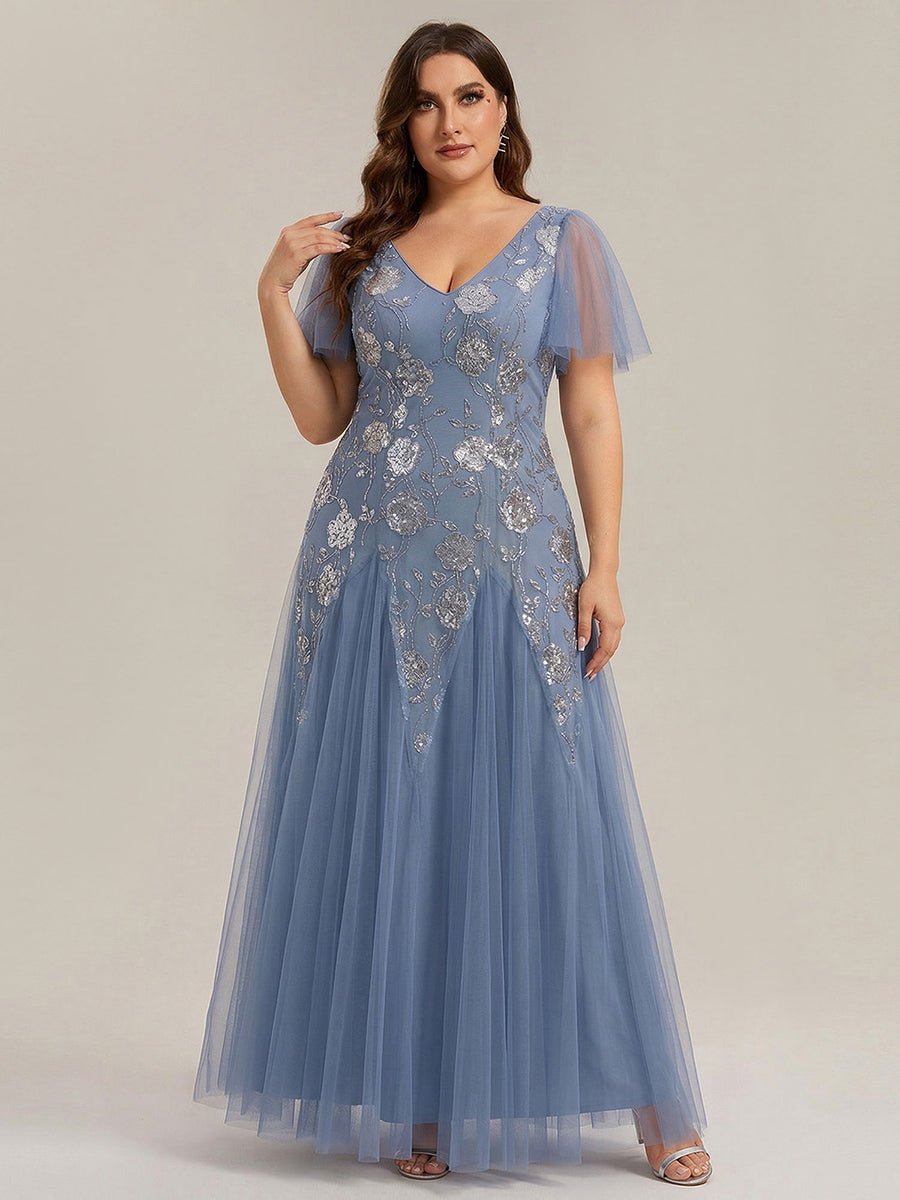 Embroidered Sequin V-Neck Tulle Formal Dress with Flutter Sleeves