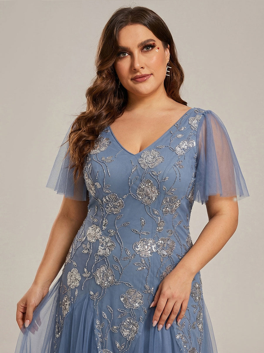 Embroidered Sequin V-Neck Tulle Formal Dress with Flutter Sleeves