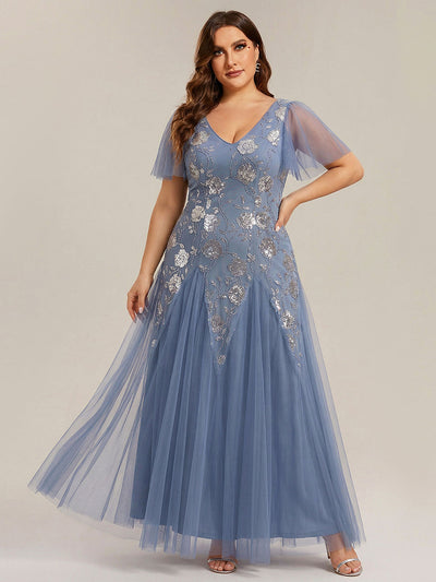 pretty ORLA|Plus Size Floral Embroidered Sequin Ruffle Sleeve Tulle Evening Dress