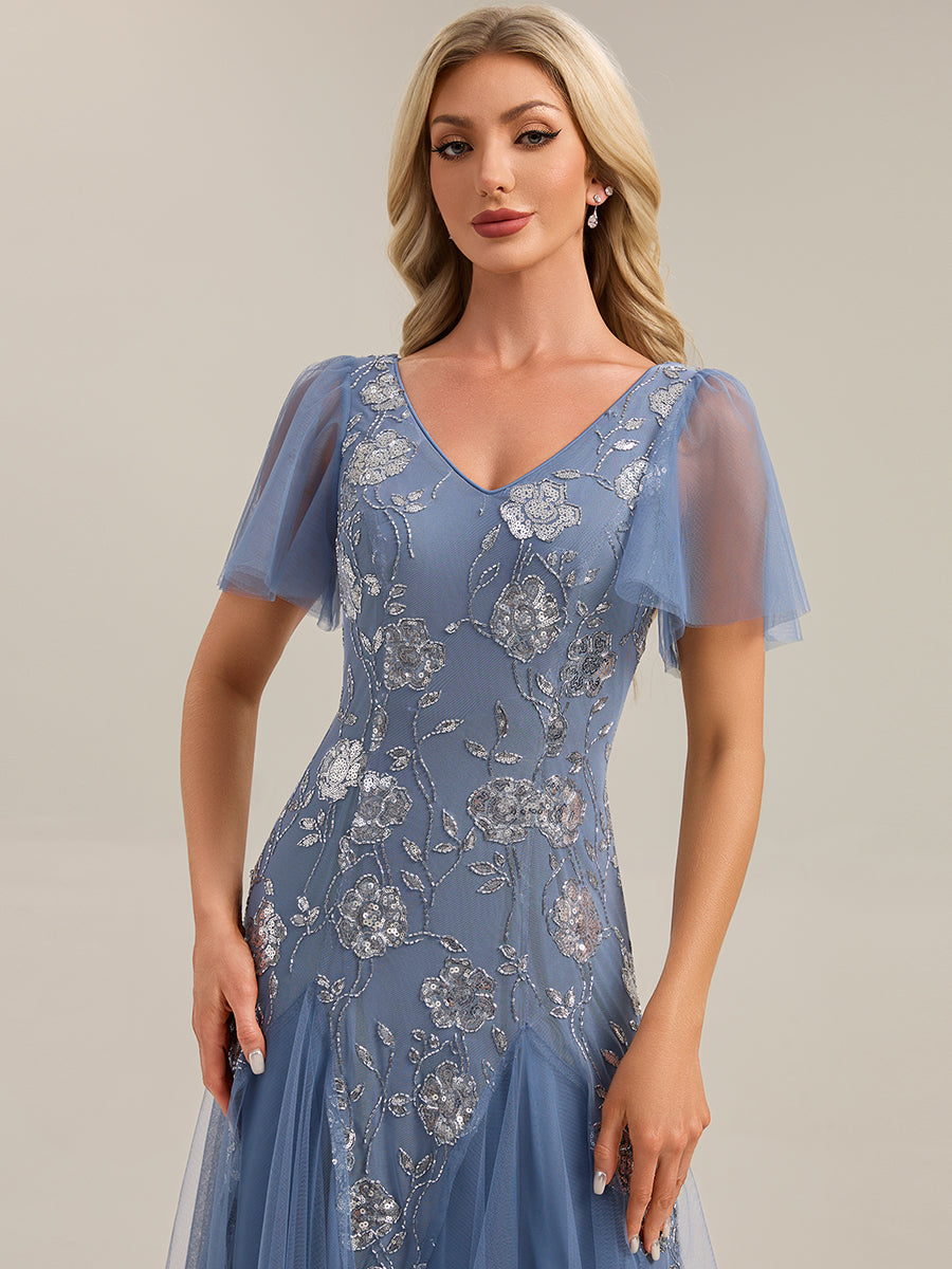 Floral Embroidered Sequin Ruffle Sleeve Tulle Evening Dress #color_Dusty Blue