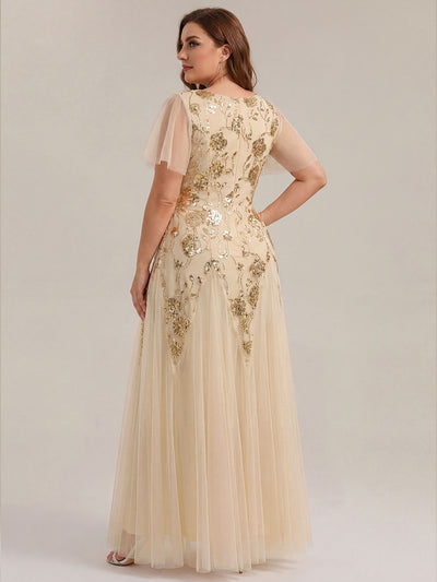 Plus Size Floral Embroidered Sequin Ruffle Sleeve Tulle Evening Dress #color_Gold
