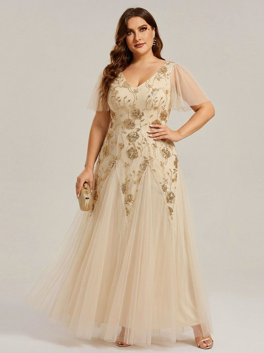 Ever-Pretty Embroidered Sequin V-Neck Tulle Formal Dress with Flutter Sleeves Ever-Pretty Embroidered Sequin V-Neck Tulle Formal Dress with Flutter Sleeves