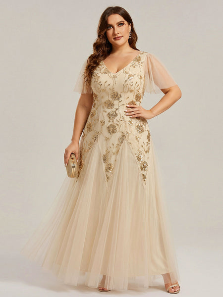 Dress For Wedding Guest Plus Size Gold Sequin Cocktail Dresses Plus Size  Sleeveless Double V-Neck